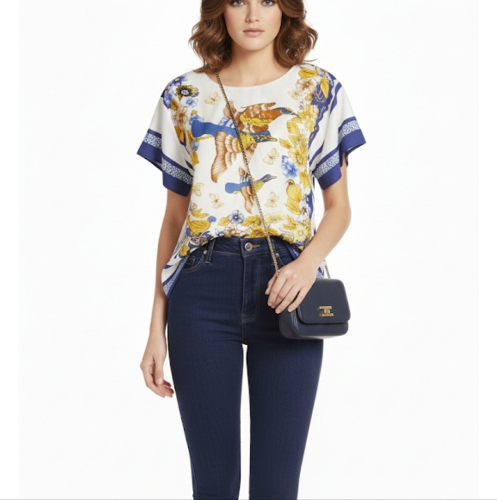 Elegant Women's Blouse with Bird and Floral Pattern